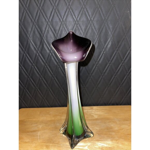 Mid Century Modern Art Glass Swung Vase Green White Purple Ombre Design - Picture 1 of 16